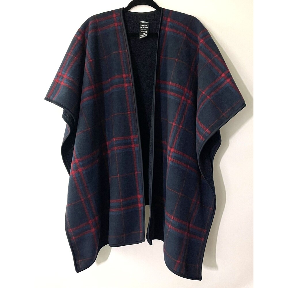 Ike Behar Wrap Shawl Navy Red Plaid Sherpa One Size Open Front